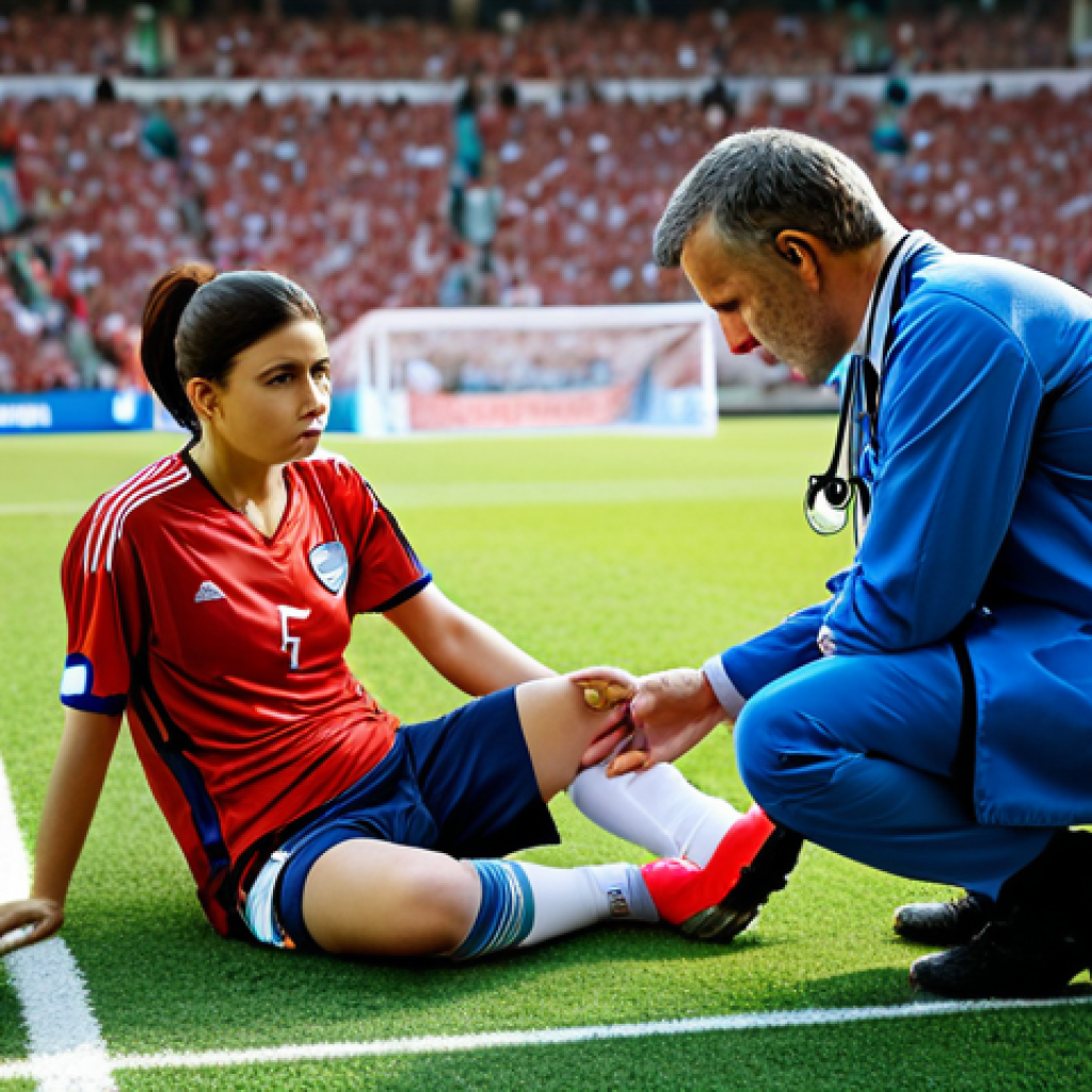**

A sports medicine doctor examining a soccer player's knee on the sidelines during a game. Action shot, concerned expression, stadium background. Focus on medical expertise and teamwork.

**