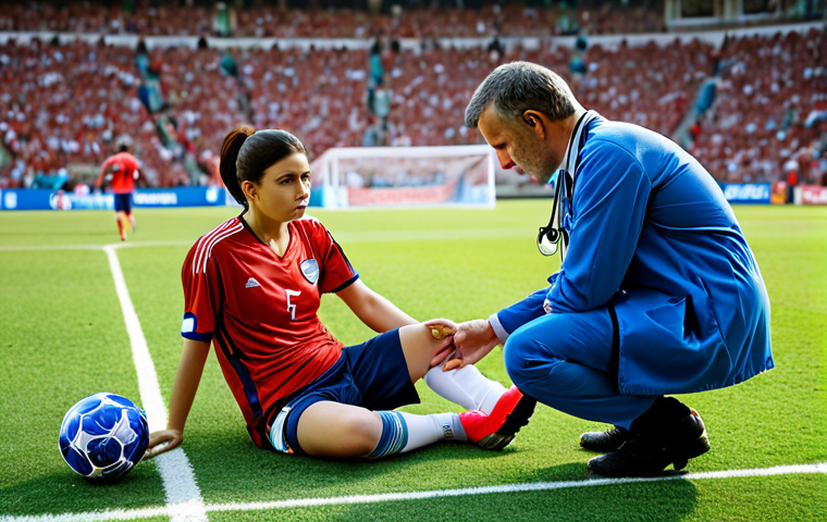 **
A sports medicine doctor examining a soccer player's knee on the sidelines during a game. Action shot, concerned expression, stadium background. Focus on medical expertise and teamwork.
**