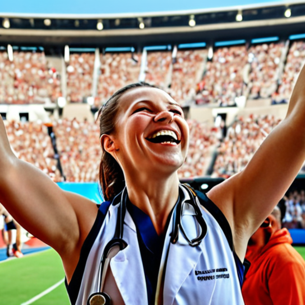 ** A sports doctor celebrating with a smiling athlete on a field after their successful return from an injury. The background shows a blurred stadium with cheering fans. The focus is on the doctor's genuine happiness and the athlete's triumphant expression.

**