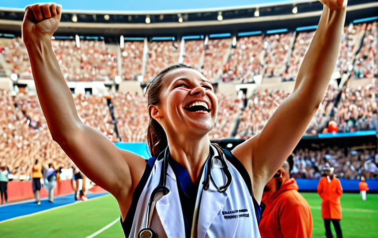 ** A sports doctor celebrating with a smiling athlete on a field after their successful return from an injury. The background shows a blurred stadium with cheering fans. The focus is on the doctor's genuine happiness and the athlete's triumphant expression.

**
