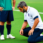 A professional adult male sports medicine physician, mid-action, wearing a modest, clean medical polo shirt and professional trousers, kneeling beside a male adult athlete in a sports uniform on a vibrant green outdoor soccer field. The physician is examining the athlete's knee with focused attention, demonstrating rapid, on-the-spot clinical decision-making. In the background, subtly blurred, is a modern sports stadium and a digital tablet displaying complex anatomical diagrams, symbolizing the blend of theory and practice. High-definition professional photography, realistic rendering, perfect anatomy, correct proportions, well-formed hands, proper finger count, natural body proportions, natural pose, safe for work, appropriate content, fully clothed, professional dress, modest attire, family-friendly.