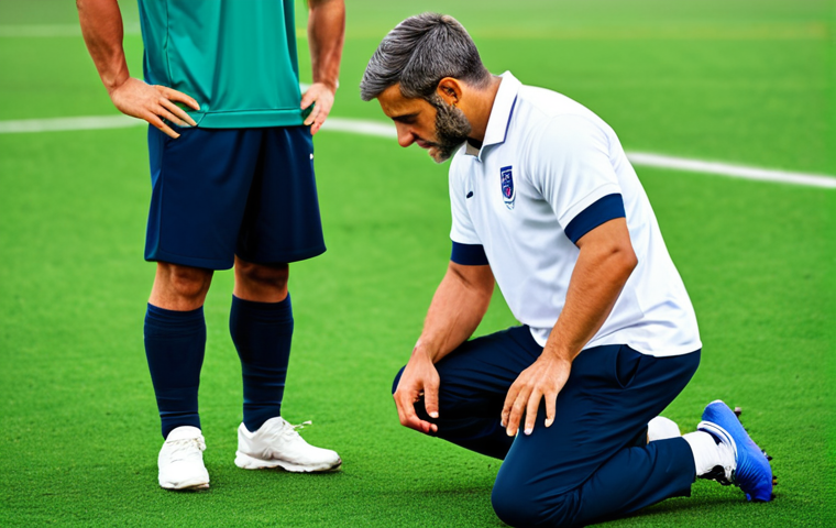 A professional adult male sports medicine physician, mid-action, wearing a modest, clean medical polo shirt and professional trousers, kneeling beside a male adult athlete in a sports uniform on a vibrant green outdoor soccer field. The physician is examining the athlete's knee with focused attention, demonstrating rapid, on-the-spot clinical decision-making. In the background, subtly blurred, is a modern sports stadium and a digital tablet displaying complex anatomical diagrams, symbolizing the blend of theory and practice. High-definition professional photography, realistic rendering, perfect anatomy, correct proportions, well-formed hands, proper finger count, natural body proportions, natural pose, safe for work, appropriate content, fully clothed, professional dress, modest attire, family-friendly.