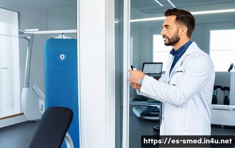 스포츠의학 이직을 위한 준비 - A modern sports medicine clinic in Spain, featuring a professional male doctor in his 30s wearing a ...