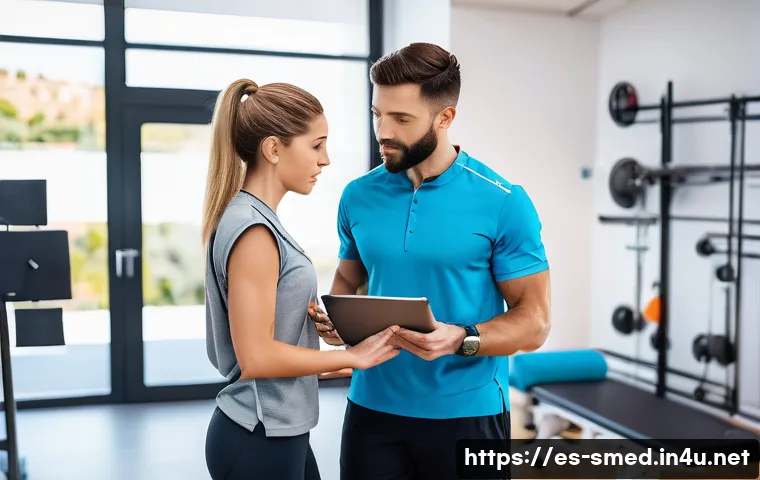 스포츠의학 전문가가 되기 위한 경로 - A professional sports medicine specialist consulting with an athlete in a modern rehabilitation clin...
