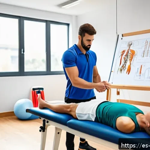 Home 30 스포츠의학 분야 취업 정보 - A professional sports physiotherapist in a modern rehabilitation clinic, wearing athletic attire and...