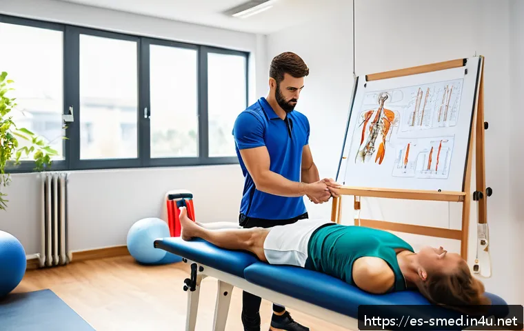 스포츠의학 분야 취업 정보 - A professional sports physiotherapist in a modern rehabilitation clinic, wearing athletic attire and...