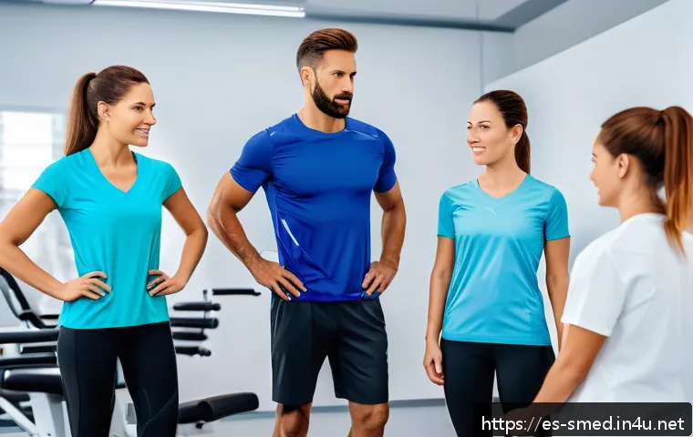 스포츠의학 전문 지식 향상 방법 - A dynamic sports rehabilitation clinic scene showing a diverse group of athletes wearing athletic cl...