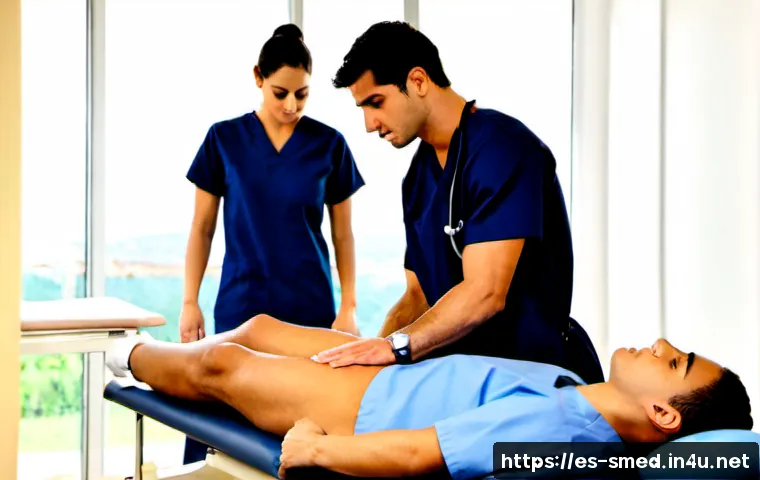 스포츠의학 자격증 종류 - Photorealistic sports medicine certification training scene in a modern Spanish rehabilitation clini...