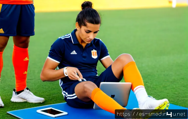 스포츠의학 분야 실무 경험 얻는 방법 - Photorealistic sports medicine internship at a sunny community football training field in Spain, a y...